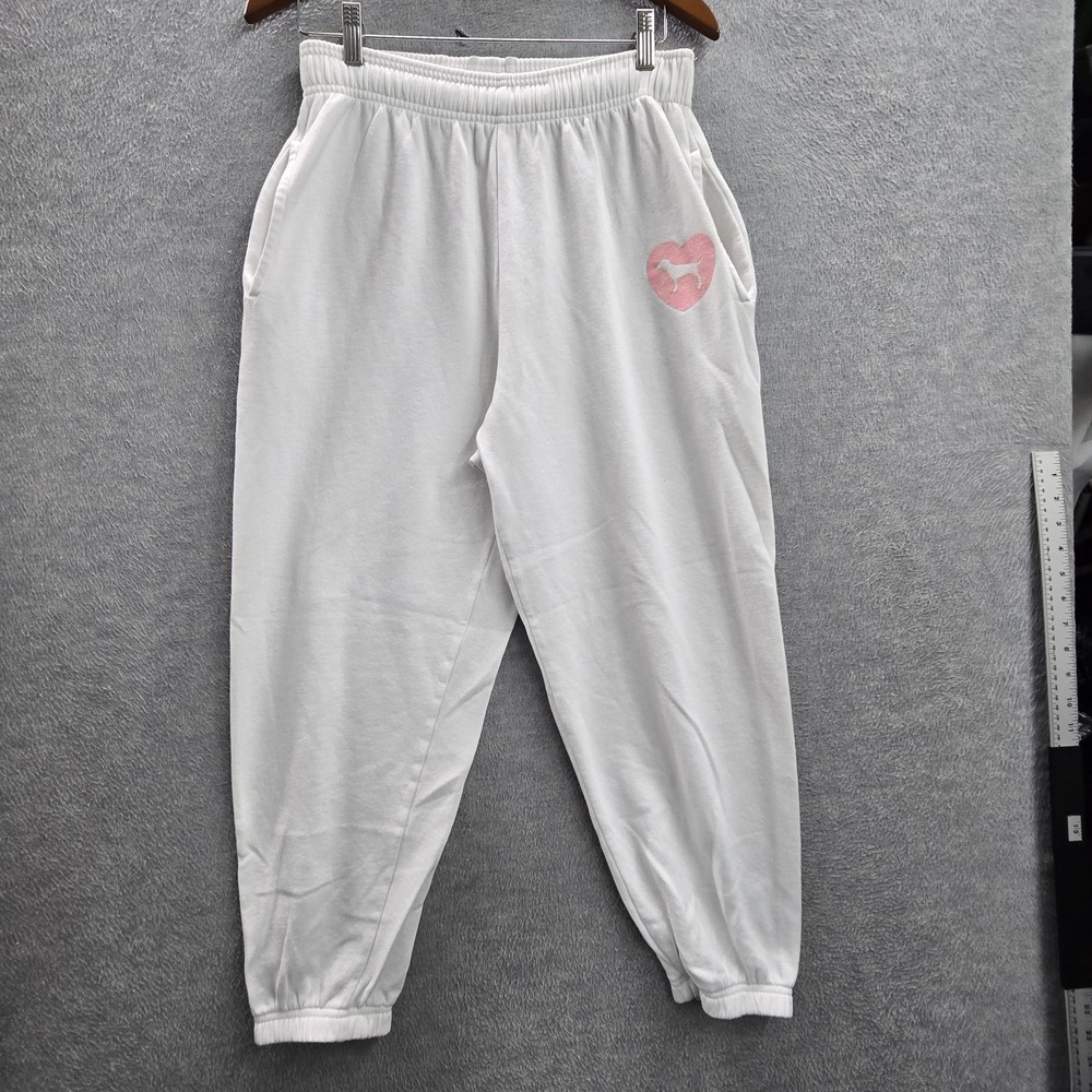 PINK Women Pants M White Sweatpants Fleece Logo Text Campus Jogger 22" Inseam